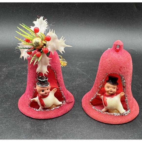 Shiny Brite Other - 2 Vintage 1950’s Christmas Ornaments Flocked Bells With Baby New Year MCM -S1W
